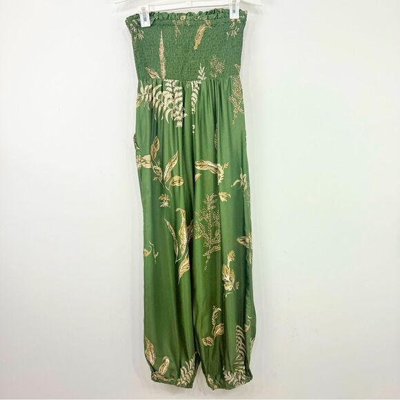 Anthropologie Olive Green Tropical Leaf Balloon Leg Smocked Sleeveless Jumper - Picture 10 of 16